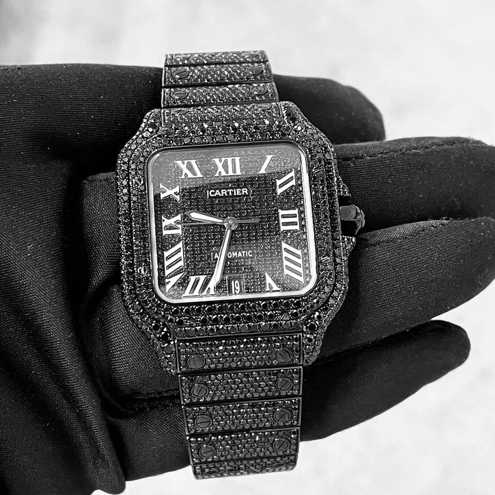 Fully Iced Out Santos Style Watch – Black Onyx Square Bust Down