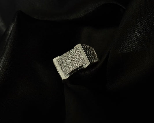 925 Sterling Silver Brick Signet Ring – Textured Chevron Iced Block