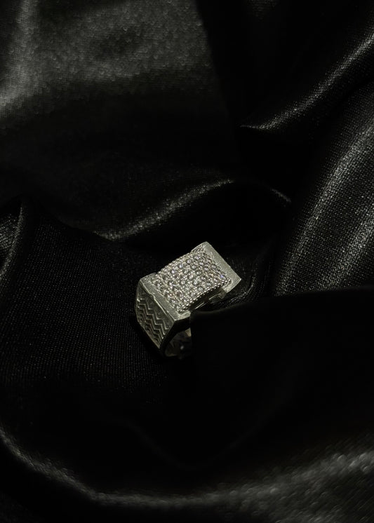 925 Sterling Silver Brick Signet Ring – Textured Chevron Iced Block