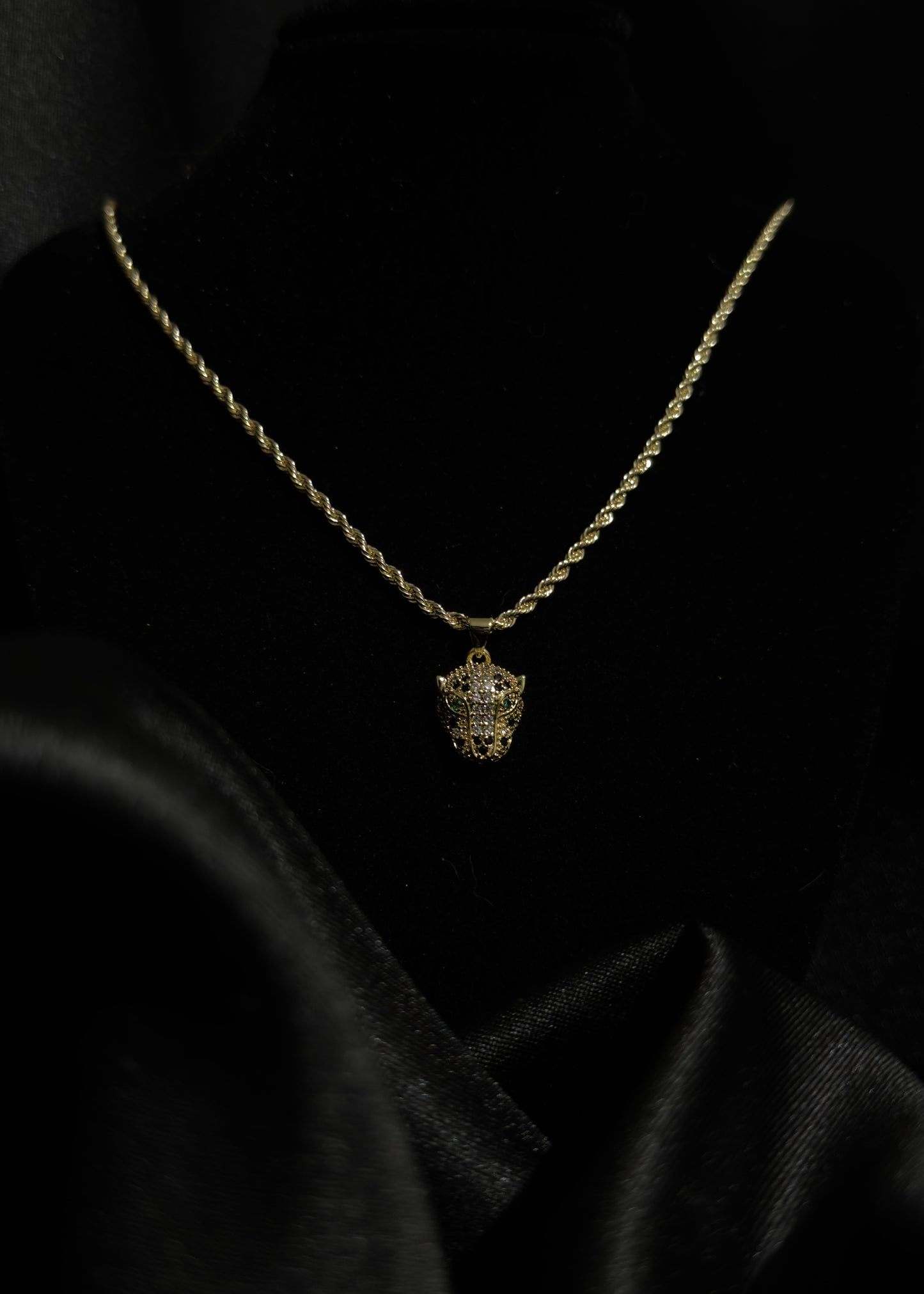The "Emerald Jaguar" Set: 14K Gold Vermeil Solid Rope Chain with Panther Pendant