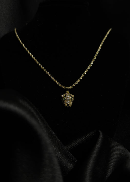 The "Emerald Jaguar" Set: 14K Gold Vermeil Solid Rope Chain with Panther Pendant