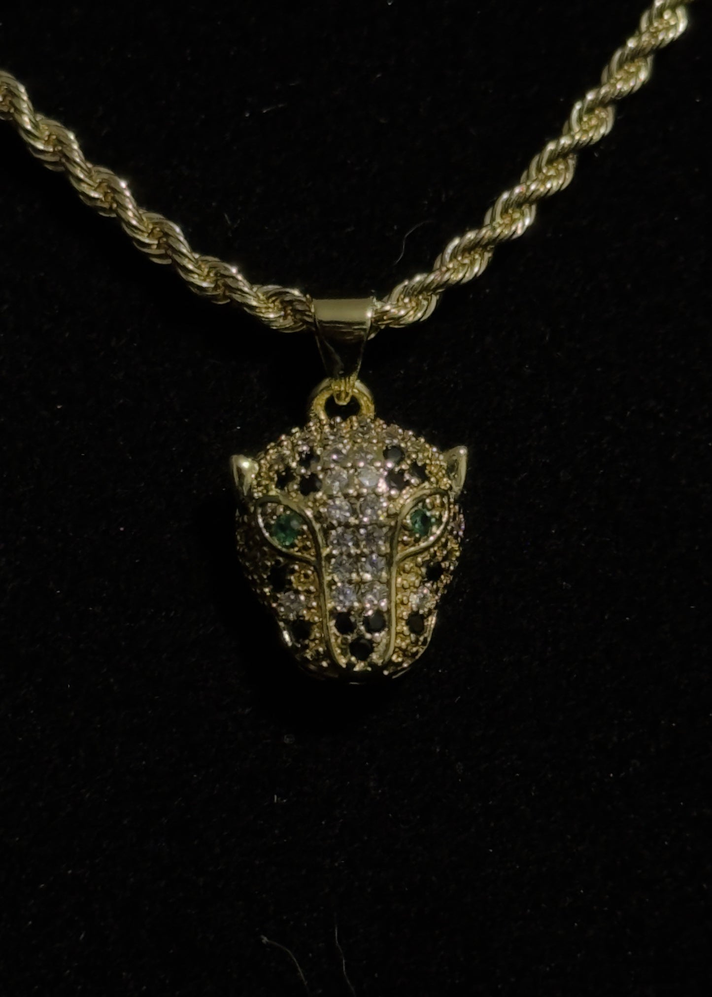 The "Emerald Jaguar" Set: 14K Gold Vermeil Solid Rope Chain with Panther Pendant