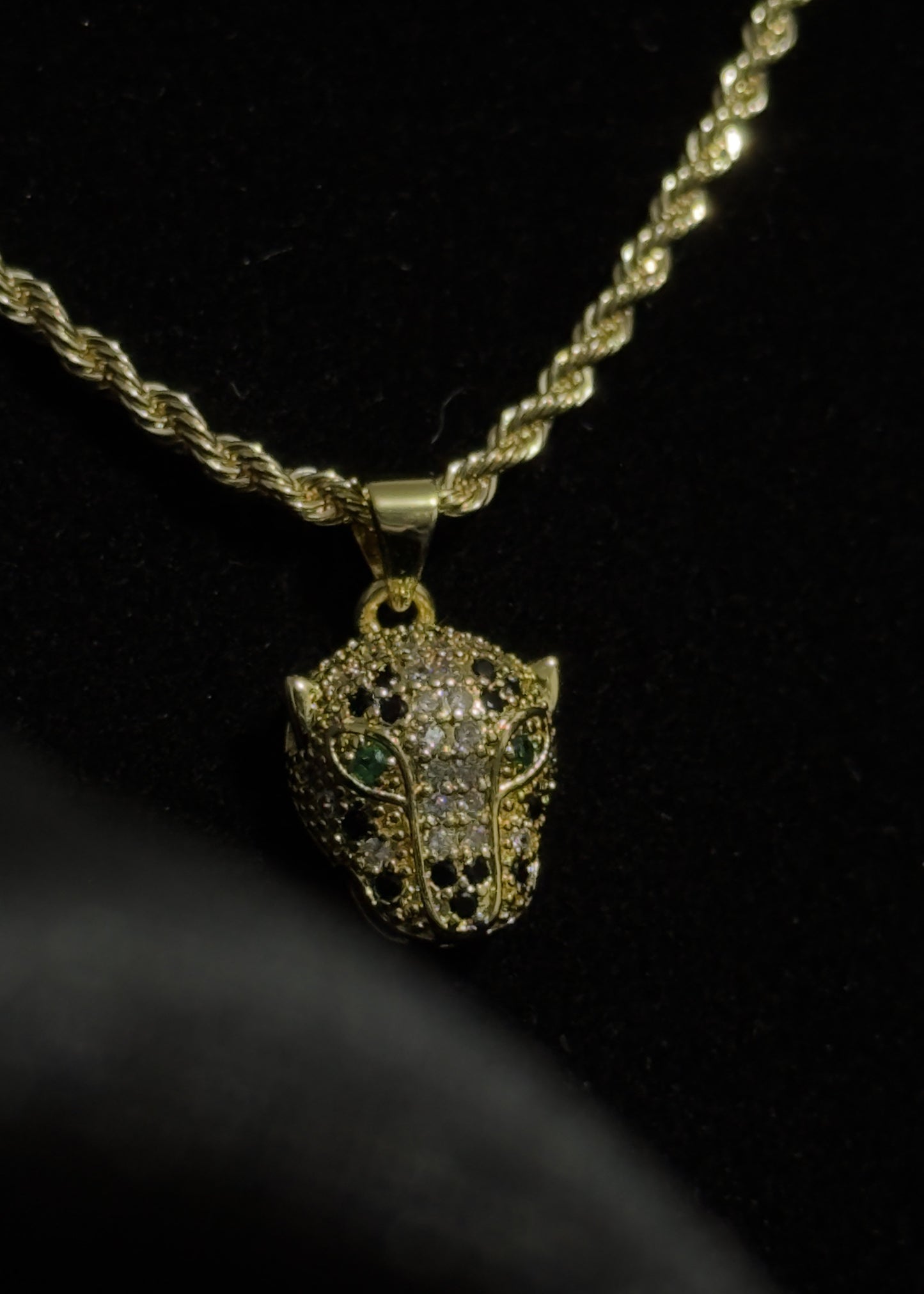 The "Emerald Jaguar" Set: 14K Gold Vermeil Solid Rope Chain with Panther Pendant