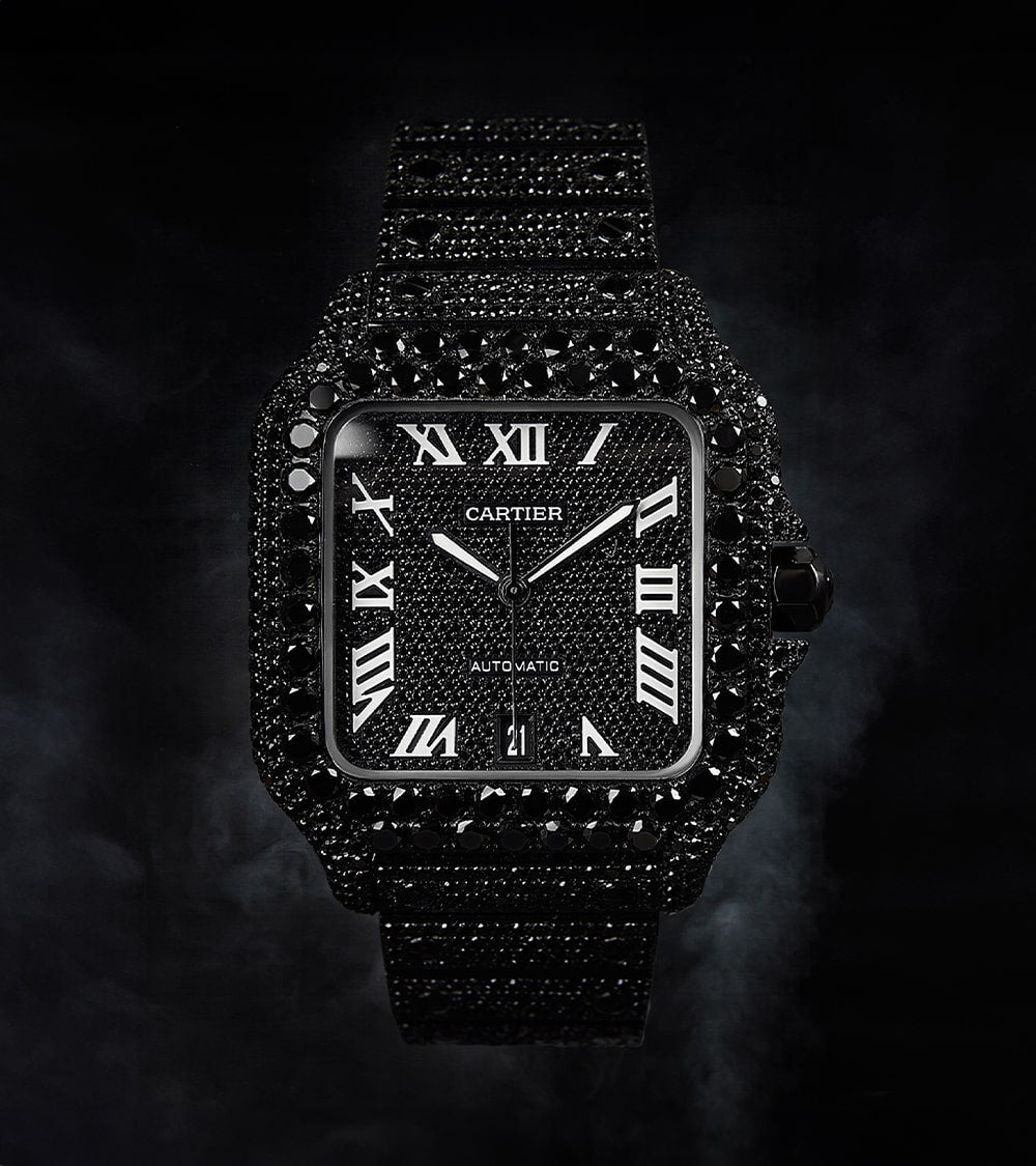 Fully Iced Out Santos Style Watch – Black Onyx Square Bust Down