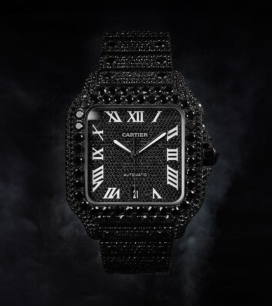 Fully Iced Out Santos Style Watch – Black Onyx Square Bust Down